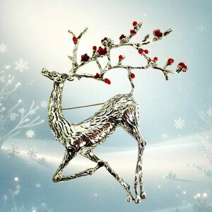 Large Reindeer Christmas Holiday Brooch Pin in silver finish, women's brooch NEW